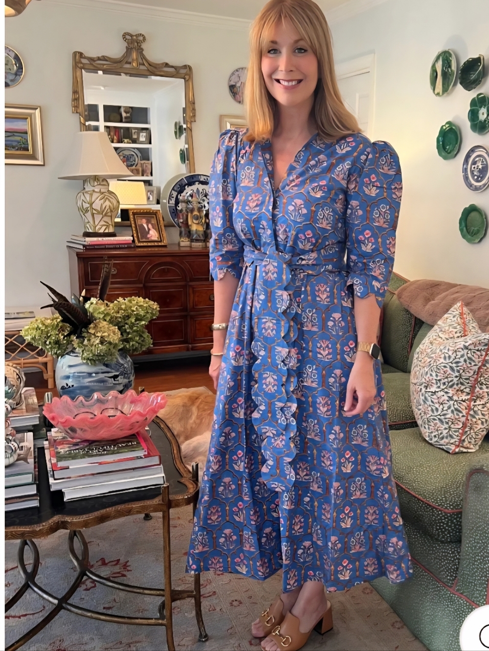 Worth Block Print Scalloped Midi Dress in Blue Chinoiserie